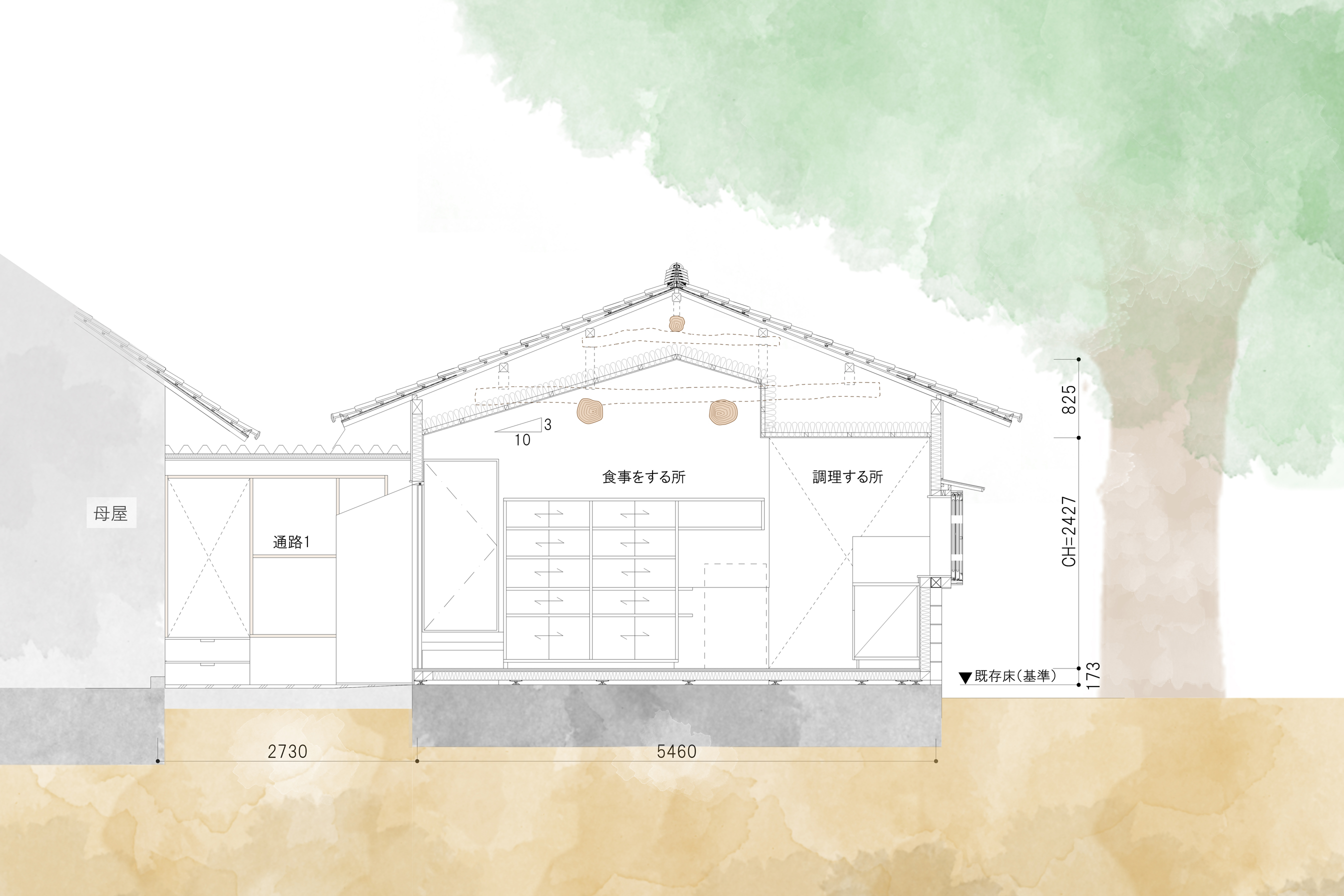 土浦のキッチン　断面図